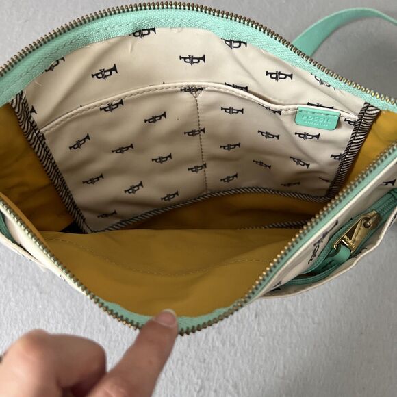 Fossil Key Per Crossbody Purse Novelty Trumpet Print Nylon Top Zip Pockets Music - Picture 8 of 13